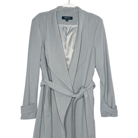 KENNETH COLE Trench Coat Belted Long Sleeve Shawl Collar Light Blue Size Large - Picture 2 of 10